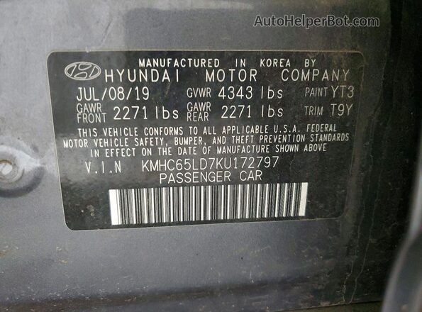 KMHC65LD7KU172797 2019 HYUNDAI IONIQ Gray Widok naklejki z numerem VIN