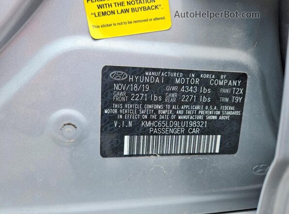 KMHC65LD9LU198321 2020 HYUNDAI IONIQ Серебряный Вид наклейки с VIN-кодом