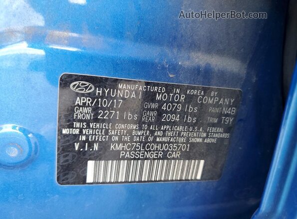 KMHC75LC0HU035701 2017 HYUNDAI IONIQ Blue Widok komory silnika