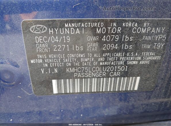 KMHC75LC0LU201501 2020 HYUNDAI IONIQ HYBRID Blue Շարժիչի բաժամունքի տեսք