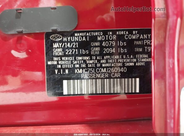 KMHC75LC0MU260940 2021 HYUNDAI IONIQ HYBRID Red ძრავის განყოფილების ხედი