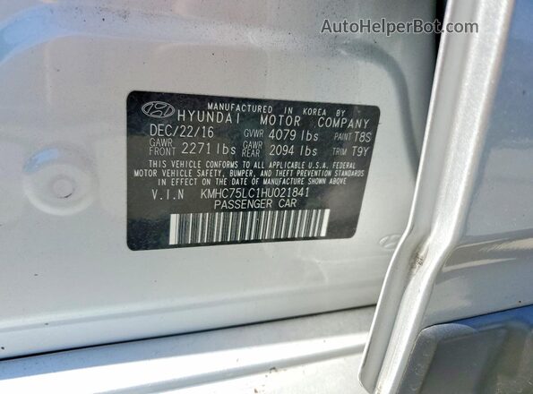 KMHC75LC1HU021841 2017 HYUNDAI IONIQ Silver Widok naklejki z numerem VIN