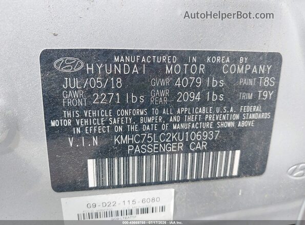 KMHC75LC2KU106937 2019 HYUNDAI IONIQ HYBRID Silver Շարժիչի բաժամունքի տեսք
