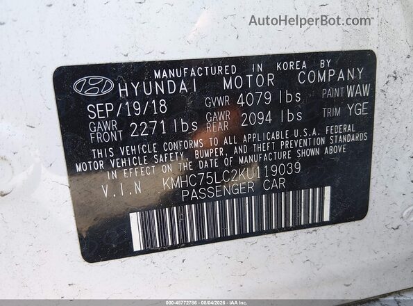 KMHC75LC2KU119039 2019 HYUNDAI IONIQ HYBRID Белый Вид подкапотного пространства