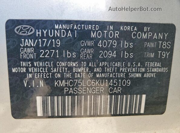 KMHC75LC6KU145109 2019 HYUNDAI IONIQ Silver Widok naklejki z numerem VIN