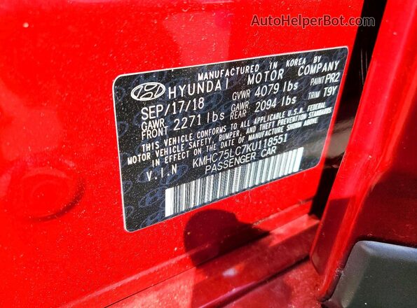 KMHC75LC7KU118551 2019 HYUNDAI IONIQ Red VIN կոդի պիտակի տեսք