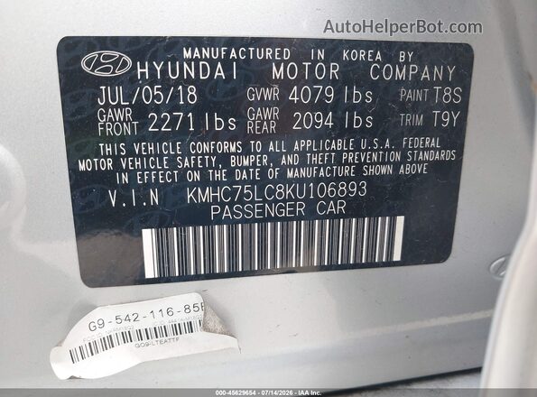 KMHC75LC8KU106893 2019 HYUNDAI IONIQ HYBRID Silver Շարժիչի բաժամունքի տեսք