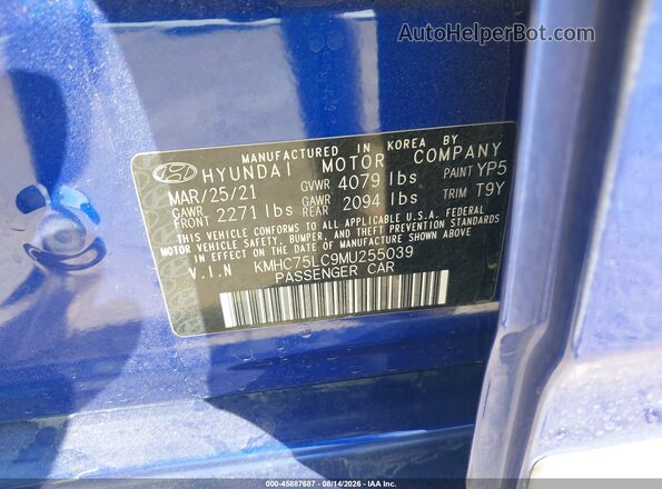 KMHC75LC9MU255039 2021 HYUNDAI IONIQ HYBRID Dark Blue Вид підкапотного простору