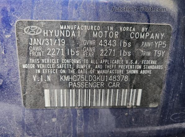 KMHC75LD3KU148378 2019 HYUNDAI IONIQ Blue Widok wnętrza 360 stopni