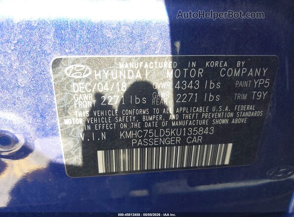 KMHC75LD5KU135843 2019 HYUNDAI IONIQ PLUG-IN HYBRID Blue Շարժիչի բաժամունքի տեսք