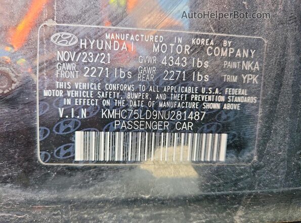 KMHC75LD9NU281487 2022 HYUNDAI IONIQ Black Widok naklejki z numerem VIN