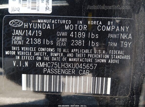 KMHC75LH3KU045657 2019 HYUNDAI IONIQ ELECTRIC Black Вид підкапотного простору