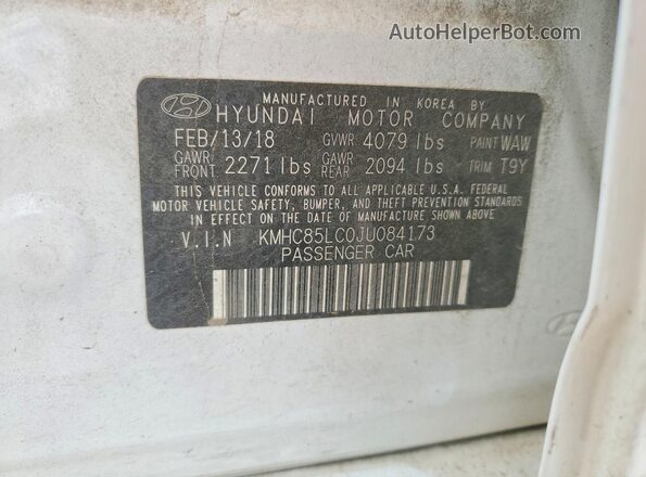 KMHC85LC0JU084173 2018 HYUNDAI IONIQ White VIN კოდის სტიკერის ხედი