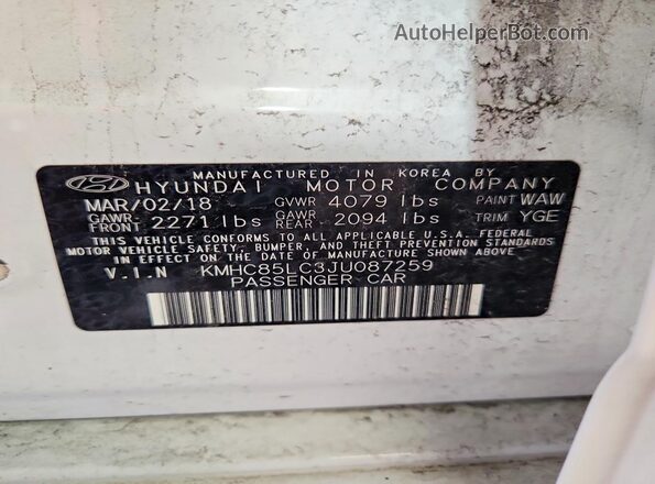 KMHC85LC3JU087259 2018 HYUNDAI IONIQ White Вид наклейки з VIN-кодом