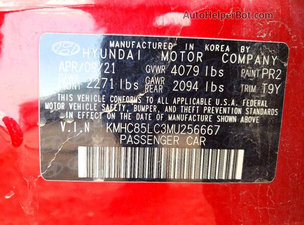 KMHC85LC3MU256667 2021 HYUNDAI IONIQ Красный Вид наклейки с VIN-кодом