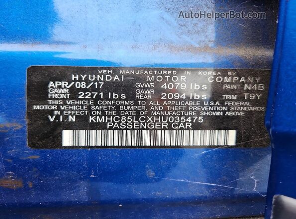 KMHC85LCXHU035475 2017 HYUNDAI IONIQ Blue VIN կոդի պիտակի տեսք