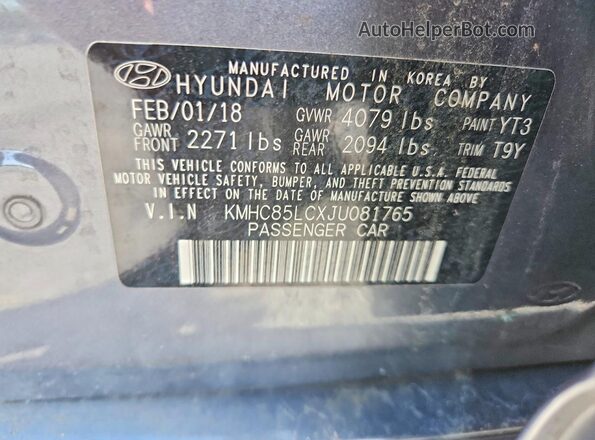 KMHC85LCXJU081765 2018 HYUNDAI IONIQ Gray ძრავის განყოფილების ხედი