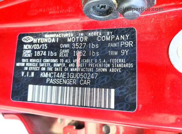 KMHCT4AE1GU050247 2016 HYUNDAI ACCENT Red Widok naklejki z numerem VIN