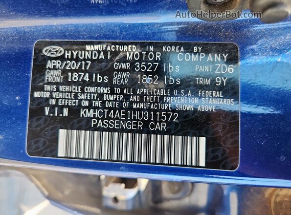 KMHCT4AE1HU311572 2017 HYUNDAI ACCENT Blue VIN კოდის სტიკერის ხედი