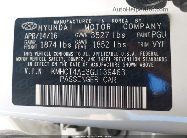 KMHCT4AE3GU139463 2016 HYUNDAI ACCENT Белый Вид подкапотного пространства