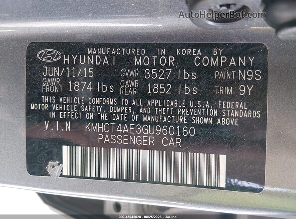 KMHCT4AE3GU960160 2016 HYUNDAI ACCENT Gray Widok komory silnika