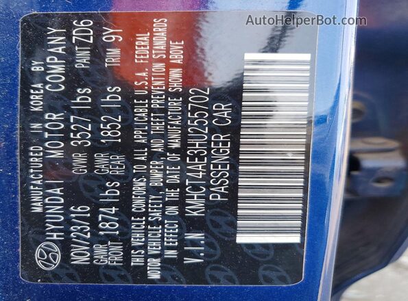 KMHCT4AE3HU255702 2017 HYUNDAI ACCENT Blue ძრავის განყოფილების ხედი