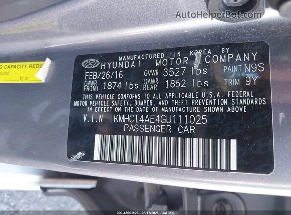 KMHCT4AE4GU111025 2016 HYUNDAI ACCENT Gray ძრავის განყოფილების ხედი
