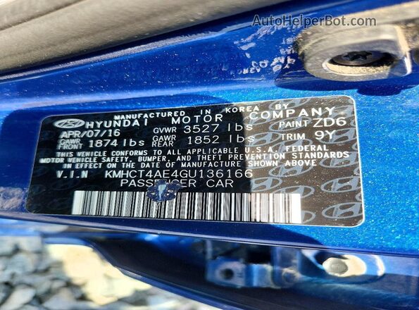 KMHCT4AE4GU136166 2016 HYUNDAI ACCENT Синий Вид подкапотного пространства
