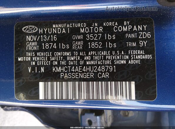 KMHCT4AE4HU248791 2017 HYUNDAI ACCENT Blue ძრავის განყოფილების ხედი