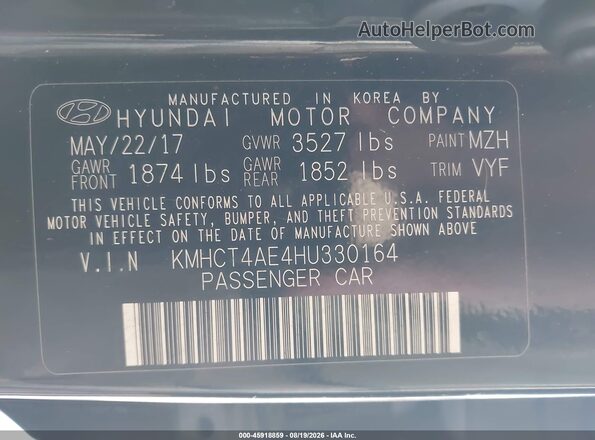 KMHCT4AE4HU330164 2017 HYUNDAI ACCENT Black ძრავის განყოფილების ხედი