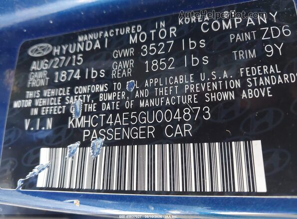 KMHCT4AE5GU004873 2016 HYUNDAI ACCENT Blue ძრავის განყოფილების ხედი