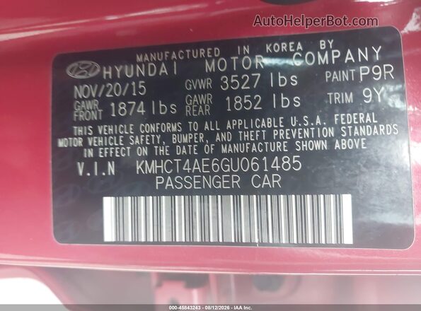 KMHCT4AE6GU061485 2016 HYUNDAI ACCENT Red Շարժիչի բաժամունքի տեսք