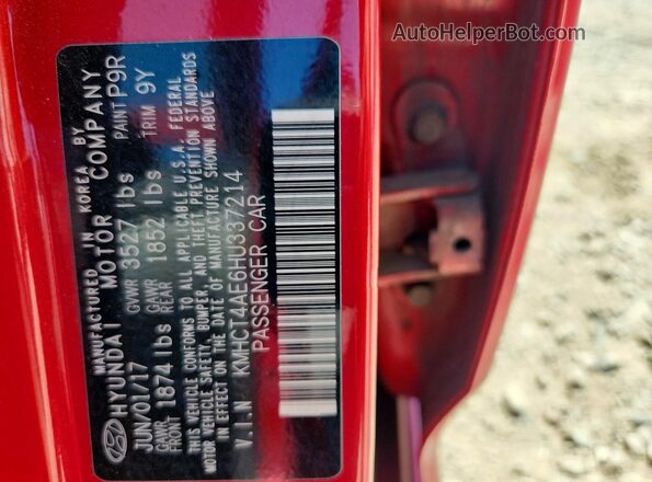 KMHCT4AE6HU337214 2017 HYUNDAI ACCENT Red Вид наклейки з VIN-кодом