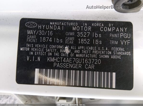 KMHCT4AE7GU163720 2016 HYUNDAI ACCENT White ძრავის განყოფილების ხედი