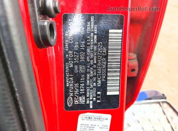 KMHCT4AE8HU272625 2017 HYUNDAI ACCENT Red Вид підкапотного простору