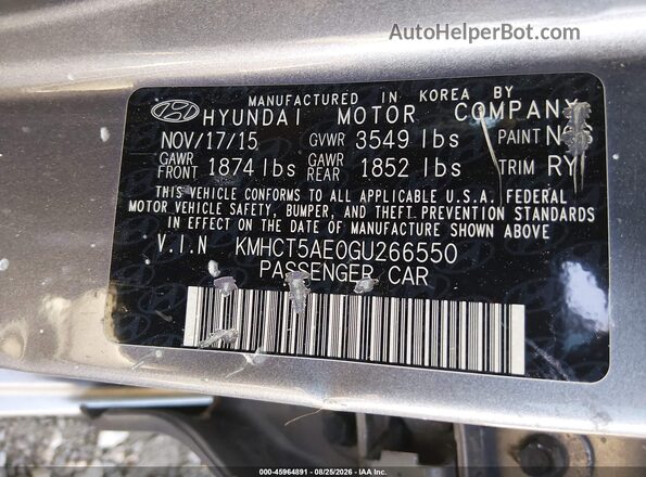 KMHCT5AE0GU266550 2016 HYUNDAI ACCENT Gray Widok komory silnika