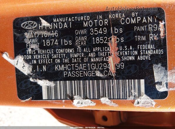 KMHCT5AE1GU294499 2016 HYUNDAI ACCENT Orange Շարժիչի բաժամունքի տեսք