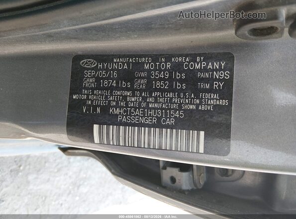 KMHCT5AE1HU311545 2017 HYUNDAI ACCENT Gray Շարժիչի բաժամունքի տեսք