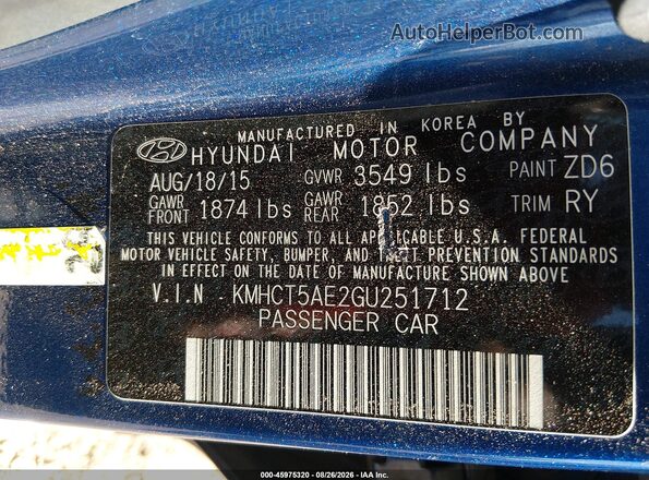 KMHCT5AE2GU251712 2016 HYUNDAI ACCENT Blue Вид підкапотного простору