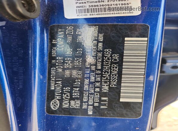 KMHCT5AE2HU325468 2017 HYUNDAI ACCENT Blue Вид наклейки з VIN-кодом