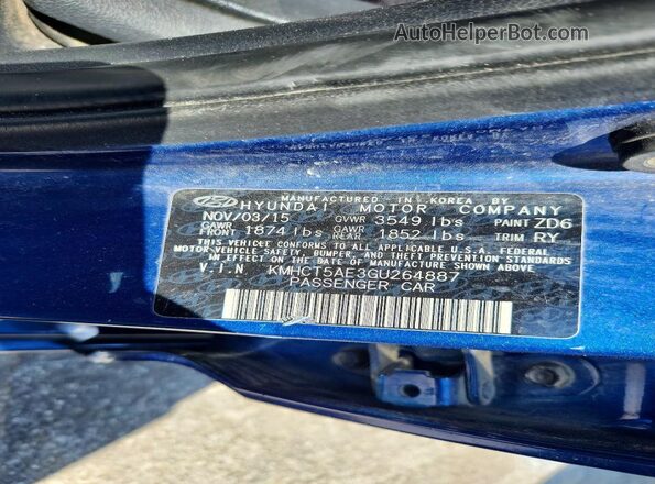 KMHCT5AE3GU264887 2016 HYUNDAI ACCENT Blue Vista de la etiqueta del VIN