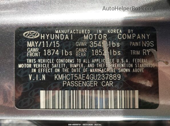 KMHCT5AE4GU237889 2016 HYUNDAI ACCENT Gray Vista del compartimento del motor
