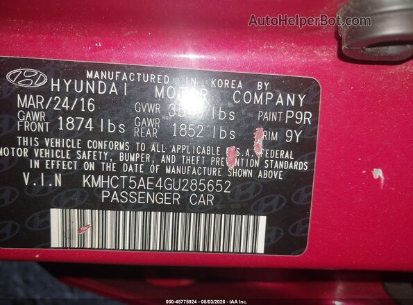 KMHCT5AE4GU285652 2016 HYUNDAI ACCENT Red Engine compartment view