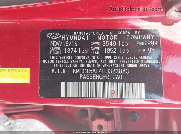KMHCT5AE4HU323883 2017 HYUNDAI ACCENT Красный Вид подкапотного пространства