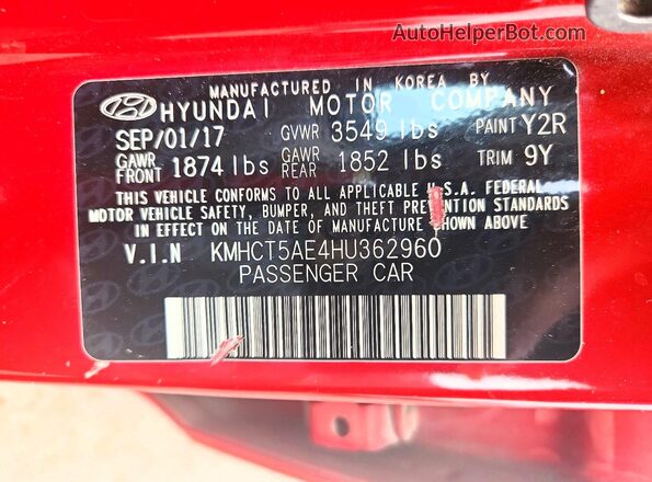 KMHCT5AE4HU362960 2017 HYUNDAI ACCENT Red Vista del compartimento del motor