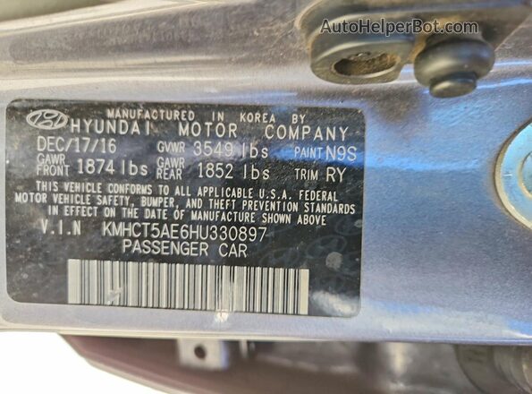KMHCT5AE6HU330897 2017 HYUNDAI ACCENT Серый Вид наклейки с VIN-кодом