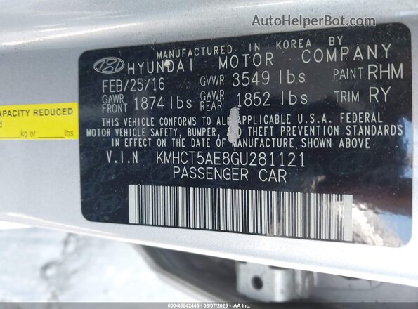KMHCT5AE8GU281121 2016 HYUNDAI ACCENT Gray Вид підкапотного простору