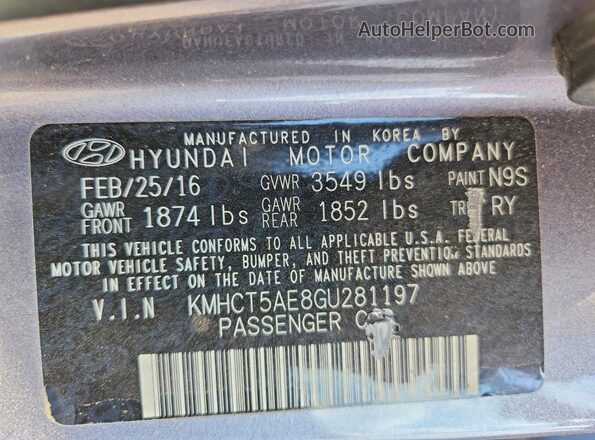 KMHCT5AE8GU281197 2016 HYUNDAI ACCENT Gray VIN կոդի պիտակի տեսք
