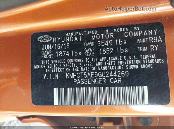 KMHCT5AE9GU244269 2016 HYUNDAI ACCENT Orange Engine compartment view
