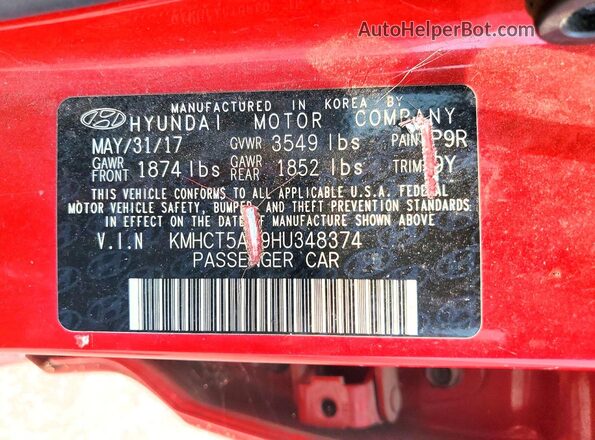 KMHCT5AE9HU348374 2017 HYUNDAI ACCENT Red ძრავის განყოფილების ხედი